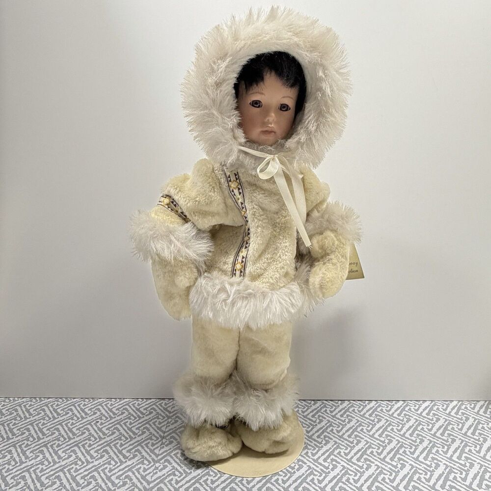 Vintage 18" Broadway Collection Porcelain Eskimo Doll - Stand Included, Faux Fur